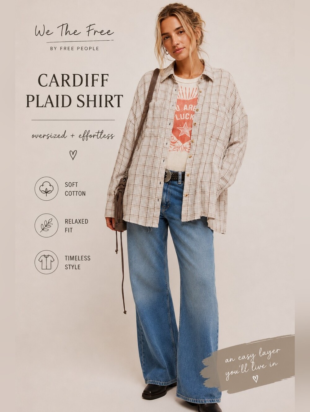 Free People We The Free Cardiff Plaid Shirt Large Oversized Boho Button Down